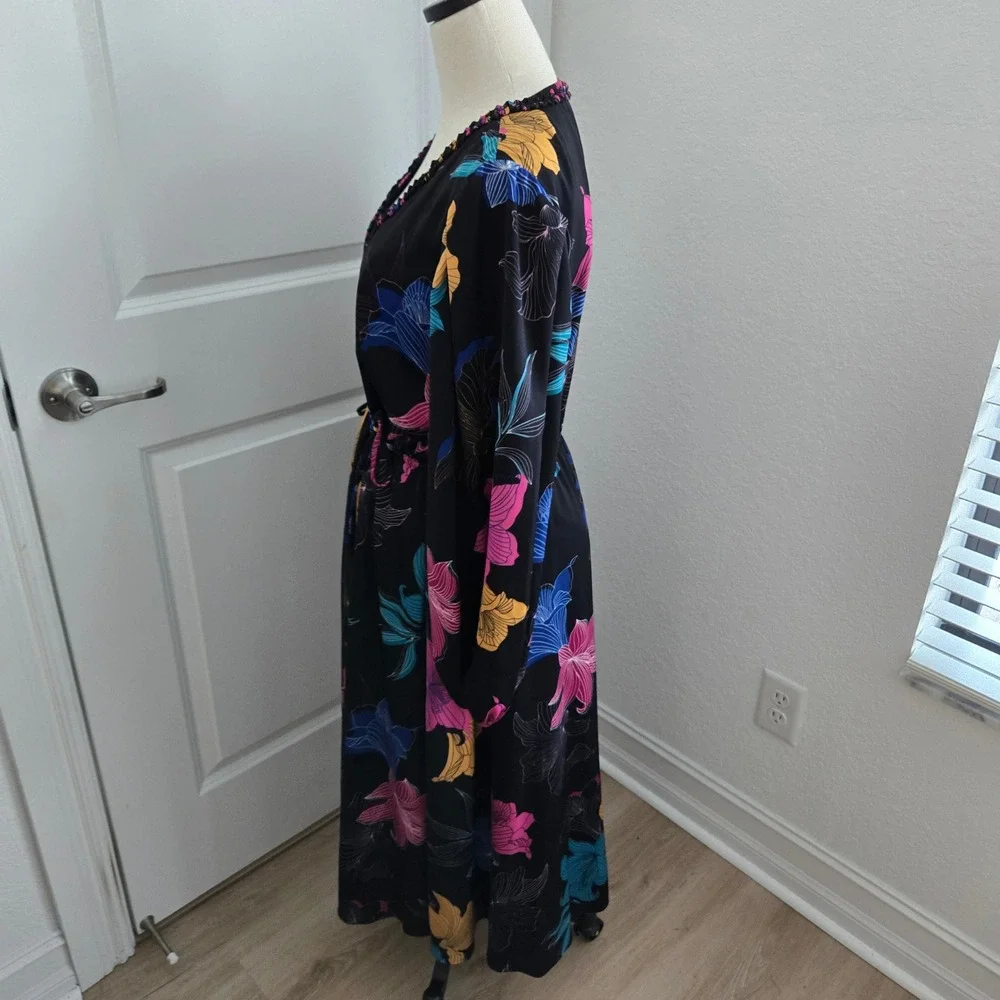 Kobi Halperin Black Floral Midi Dress Large Braided V-Neck Drawstring KP1D16 - Picture 3 of 8
